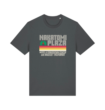 grey christmas t-shirt with a retro design and the slogan 'nakatomi plaza hotel and convention centre'