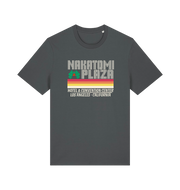 grey christmas t-shirt with a retro design and the slogan 'nakatomi plaza hotel and convention centre'