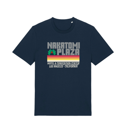 navy christmas t-shirt with a retro design and the slogan 'nakatomi plaza hotel and convention centre'