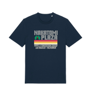navy christmas t-shirt with a retro design and the slogan 'nakatomi plaza hotel and convention centre'
