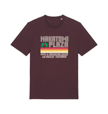 red brown christmas t-shirt with a retro design and the slogan 'nakatomi plaza hotel and convention centre'