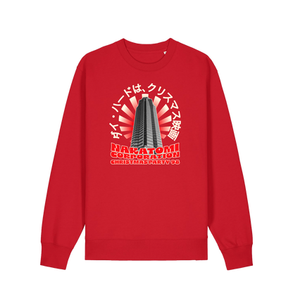 red christmas sweater with the graphic of a sky scraper and the slogan nakatomi corporation christmas party'