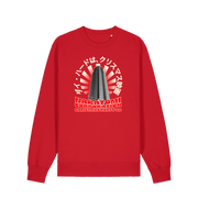 red christmas sweater with the graphic of a sky scraper and the slogan nakatomi corporation christmas party'