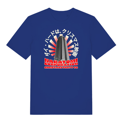blue xmas t-shirt inspired by the movie die hard, featuring the graphic of nakatomi plaza and the slogan 'nakatomi corporation christmas party'