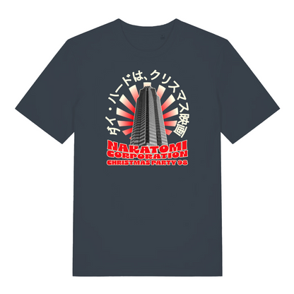 ink grey xmas t-shirt inspired by the movie die hard, featuring the graphic of nakatomi plaza and the slogan 'nakatomi corporation christmas party'