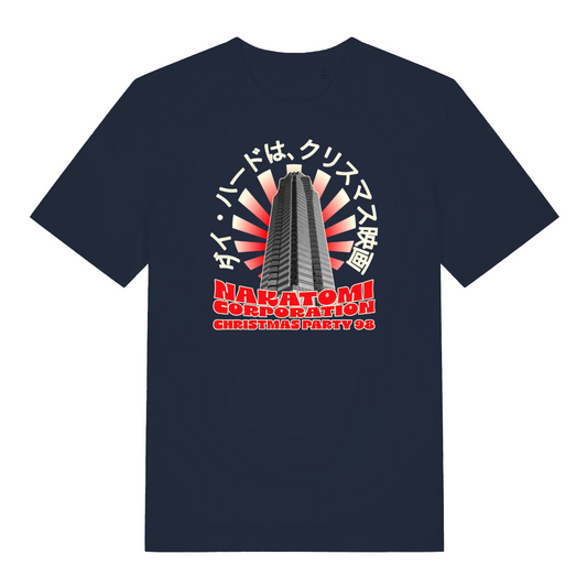 navy xmas t-shirt inspired by the movie die hard, featuring the graphic of nakatomi plaza and the slogan 'nakatomi corporation christmas party'