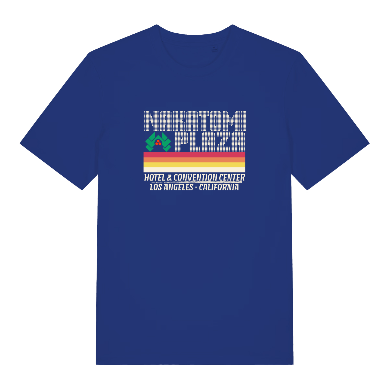blue christmas slogan t-shirt with the text 'nakatomi plaza'