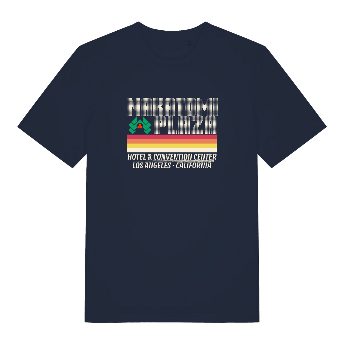 navy christmas slogan t-shirt with the text 'nakatomi plaza'
