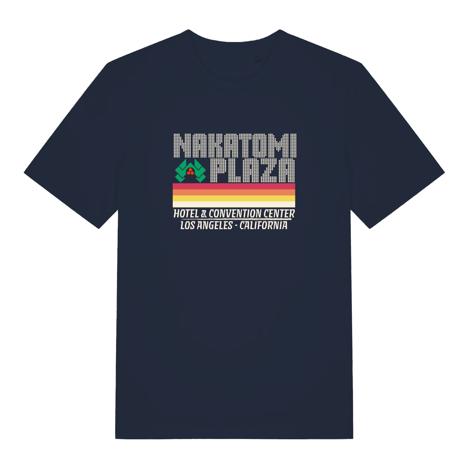 navy christmas slogan t-shirt with the text 'nakatomi plaza'