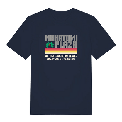 navy christmas slogan t-shirt with the text 'nakatomi plaza'