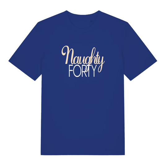 blue women's slogan t-shirt with the text 'naughty forty'