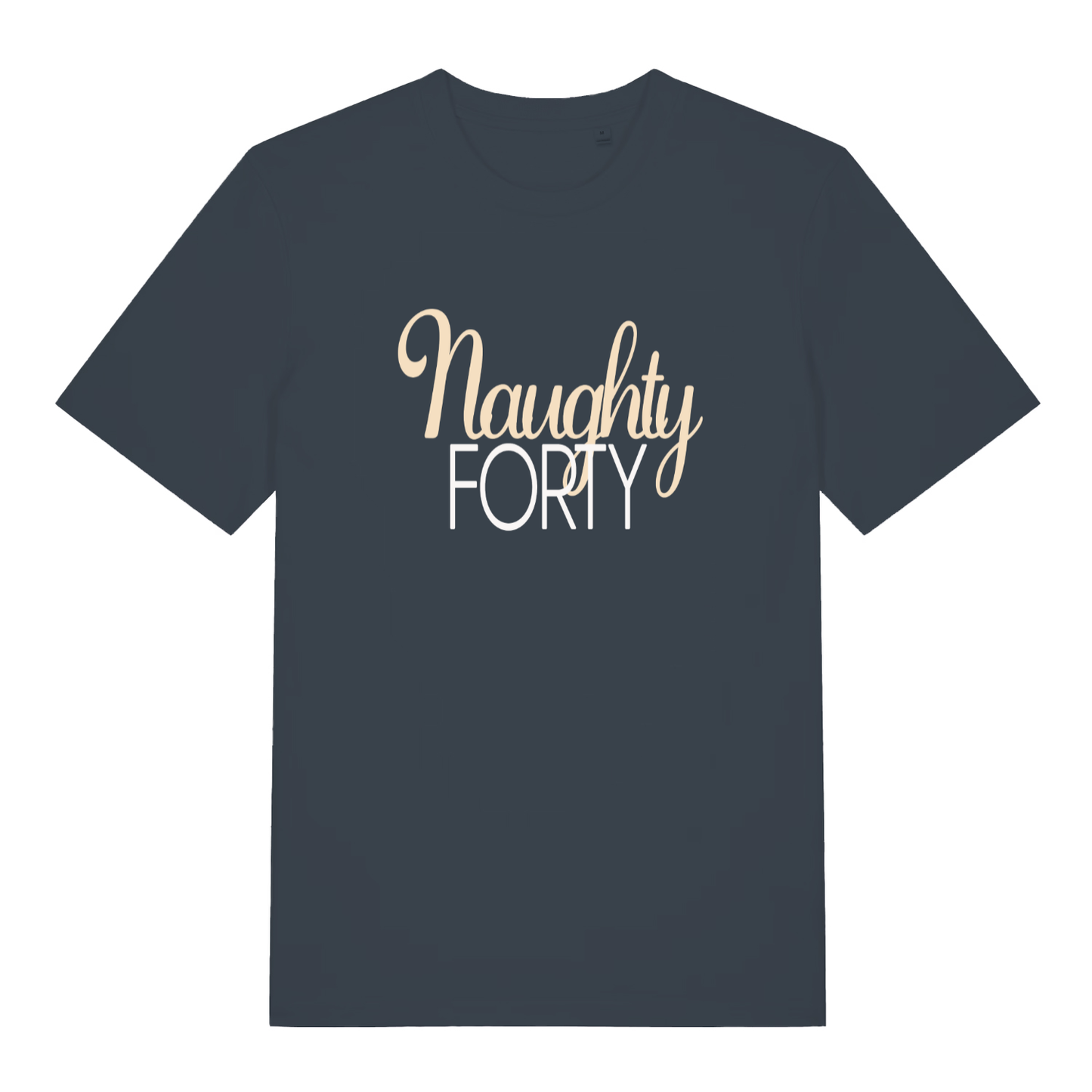 Ink grey Naughty Forty funny slogan t-shirt with gold script over white FORTY  