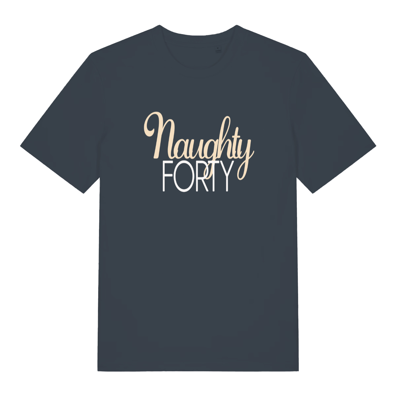 Ink grey Naughty Forty funny slogan t-shirt with gold script over white FORTY  