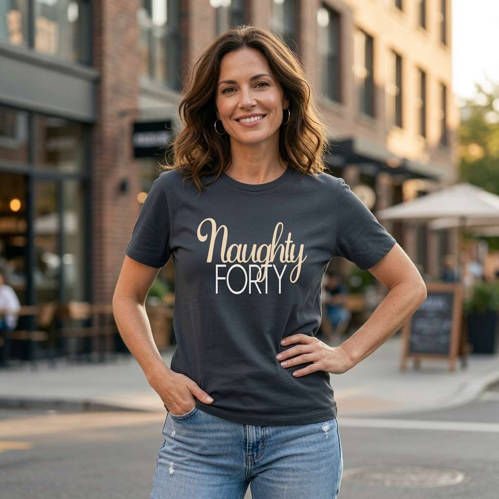 Woman smiling outdoors with hand on hip in ink grey Naughty Forty t-shirt, witty ladies 40th birthday gift
