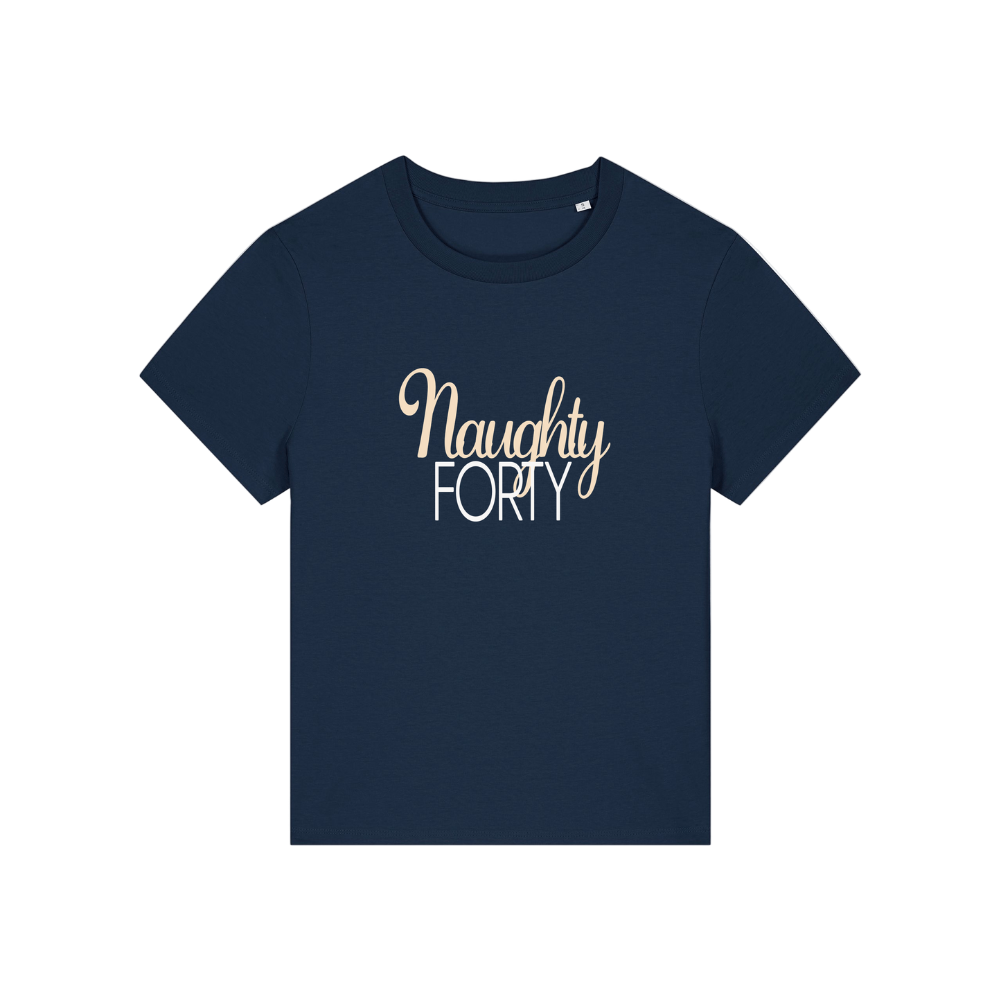 navy slogan t-shirt that reads 'naughty forty'