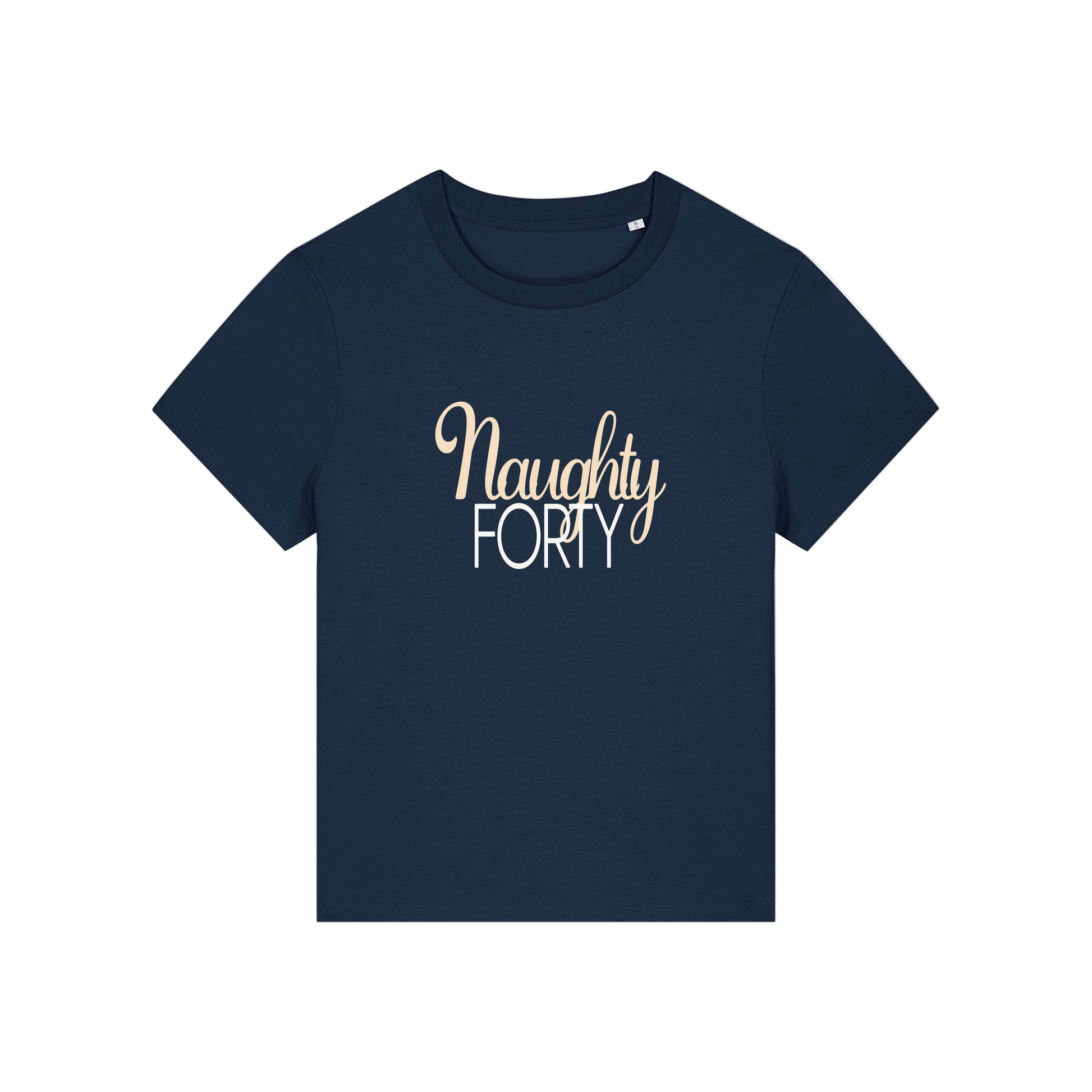 navy slogan t-shirt that reads 'naughty forty'