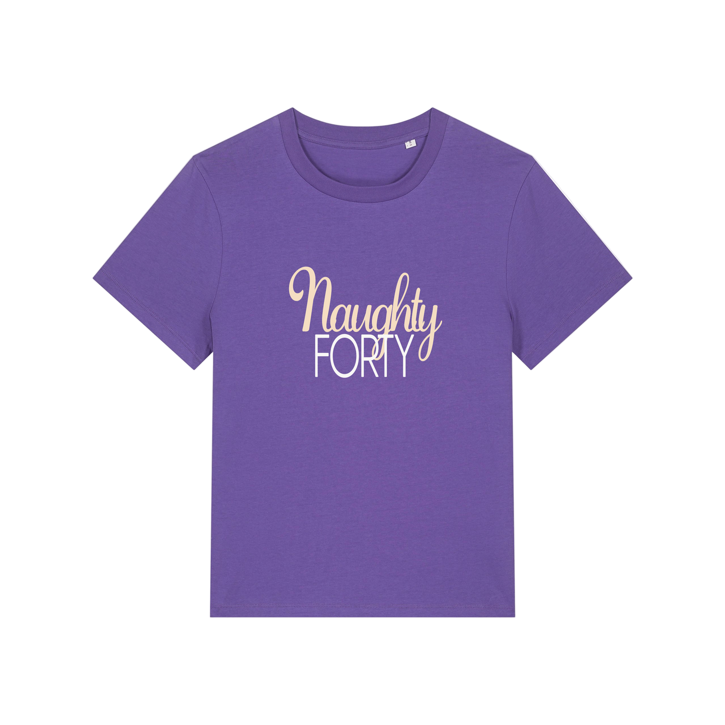 purple slogan t-shirt that reads 'naughty forty'
