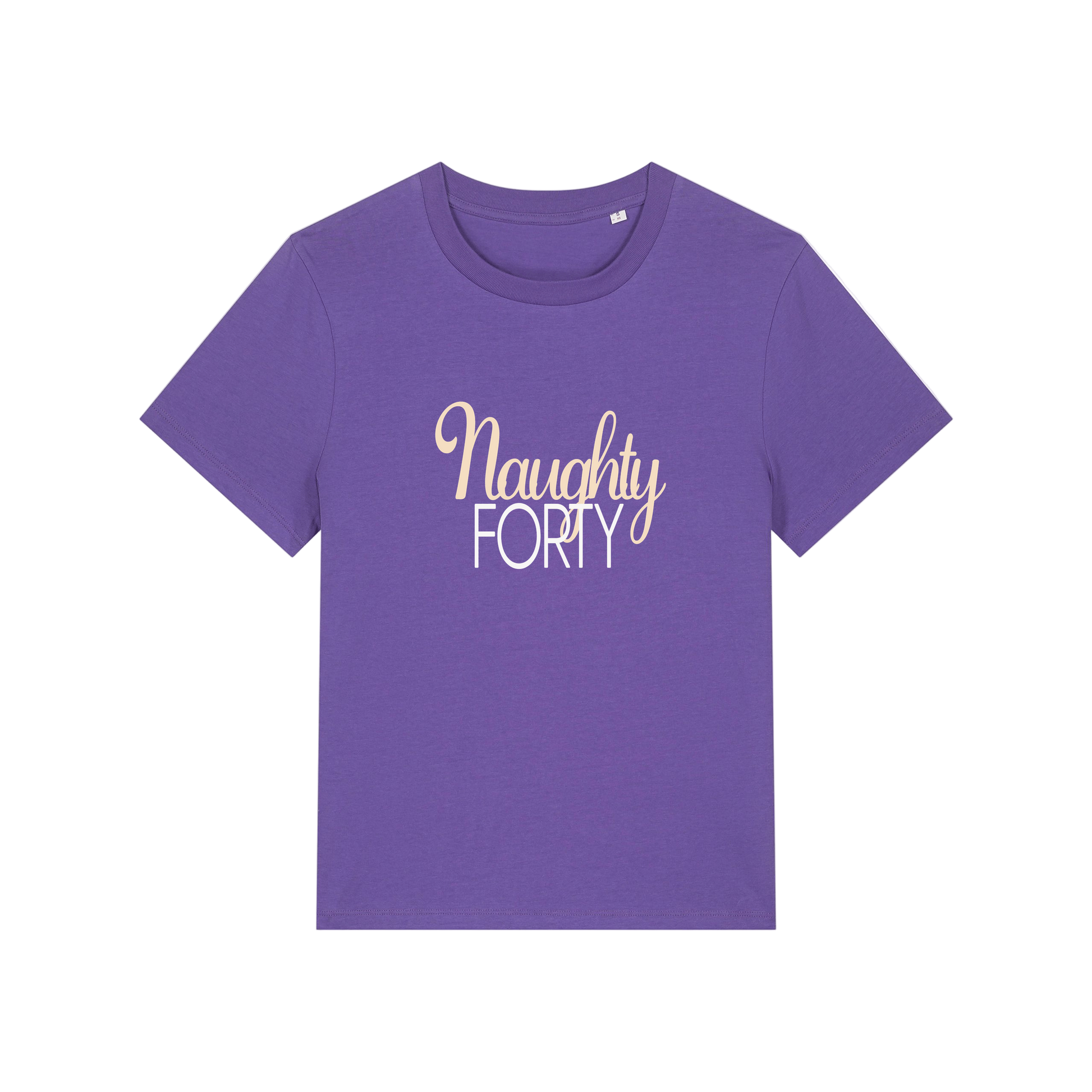 purple slogan t-shirt that reads 'naughty forty'