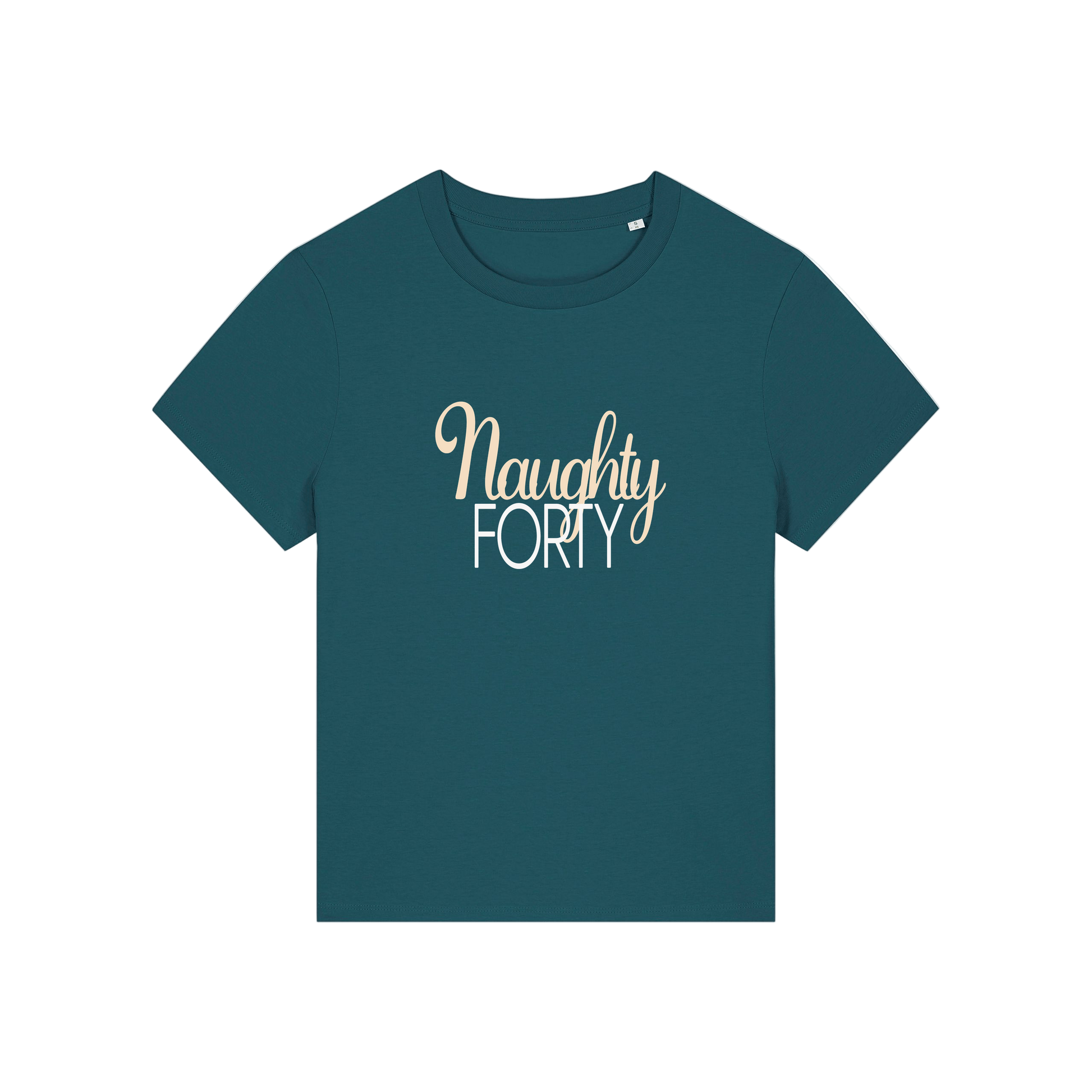 teal slogan t-shirt that reads 'naughty forty'
