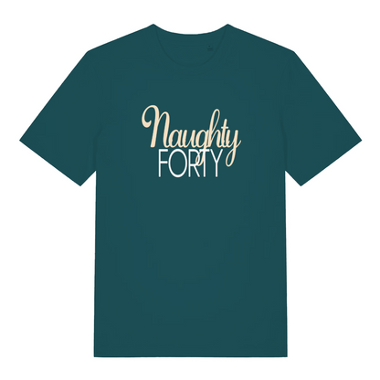 teal women's slogan t-shirt with the text 'naughty forty'