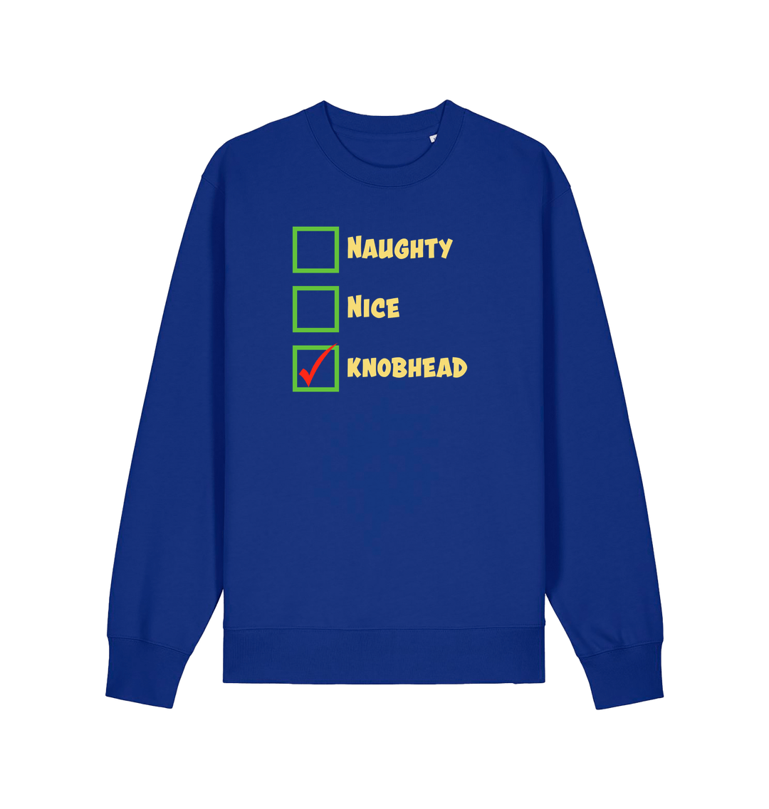 blue christmas sweater with the slogan 'naughty nice knobhead'