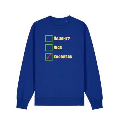 blue christmas sweater with the slogan 'naughty nice knobhead'