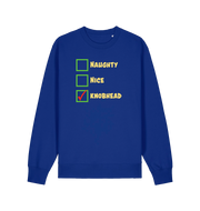 blue christmas sweater with the slogan 'naughty nice knobhead'