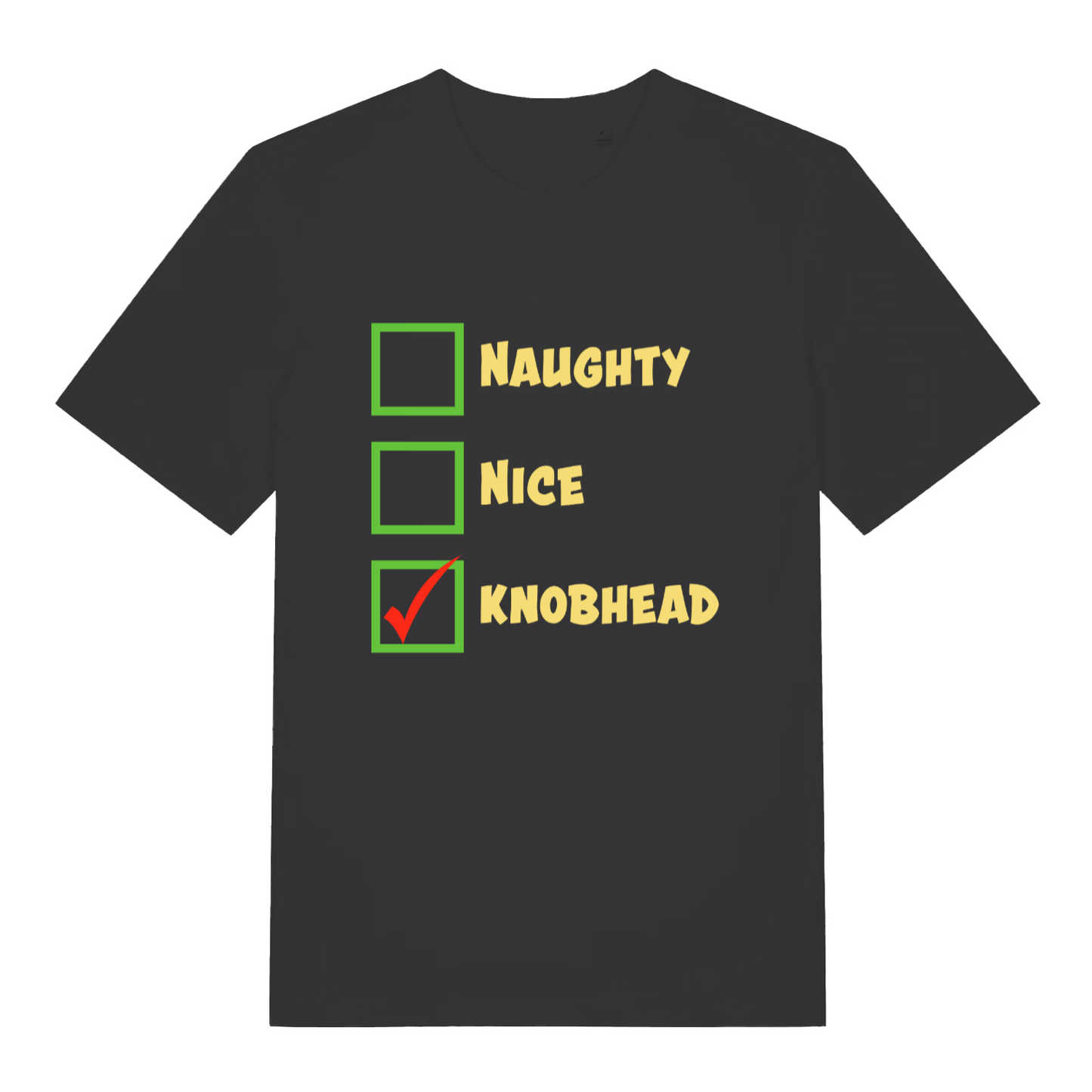 Black Naughty Nice Knobhead funny slogan t-shirt with checklist and red tick  