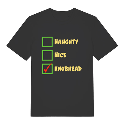 Black Naughty Nice Knobhead funny slogan t-shirt with checklist and red tick  