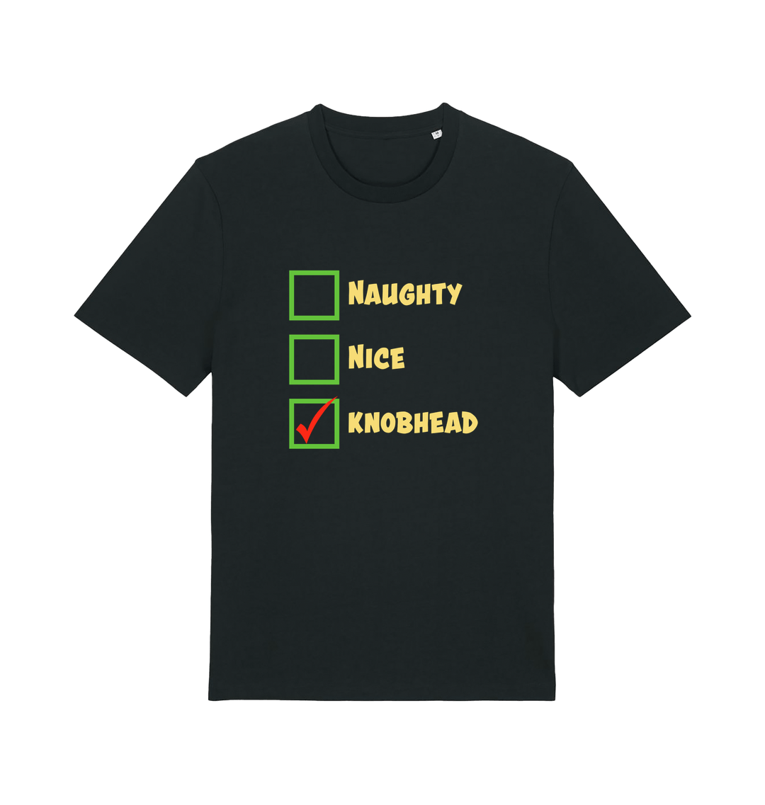 black christmas t-shirt with the slogan 'naughty nice knobhead'