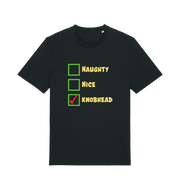 black christmas t-shirt with the slogan 'naughty nice knobhead'
