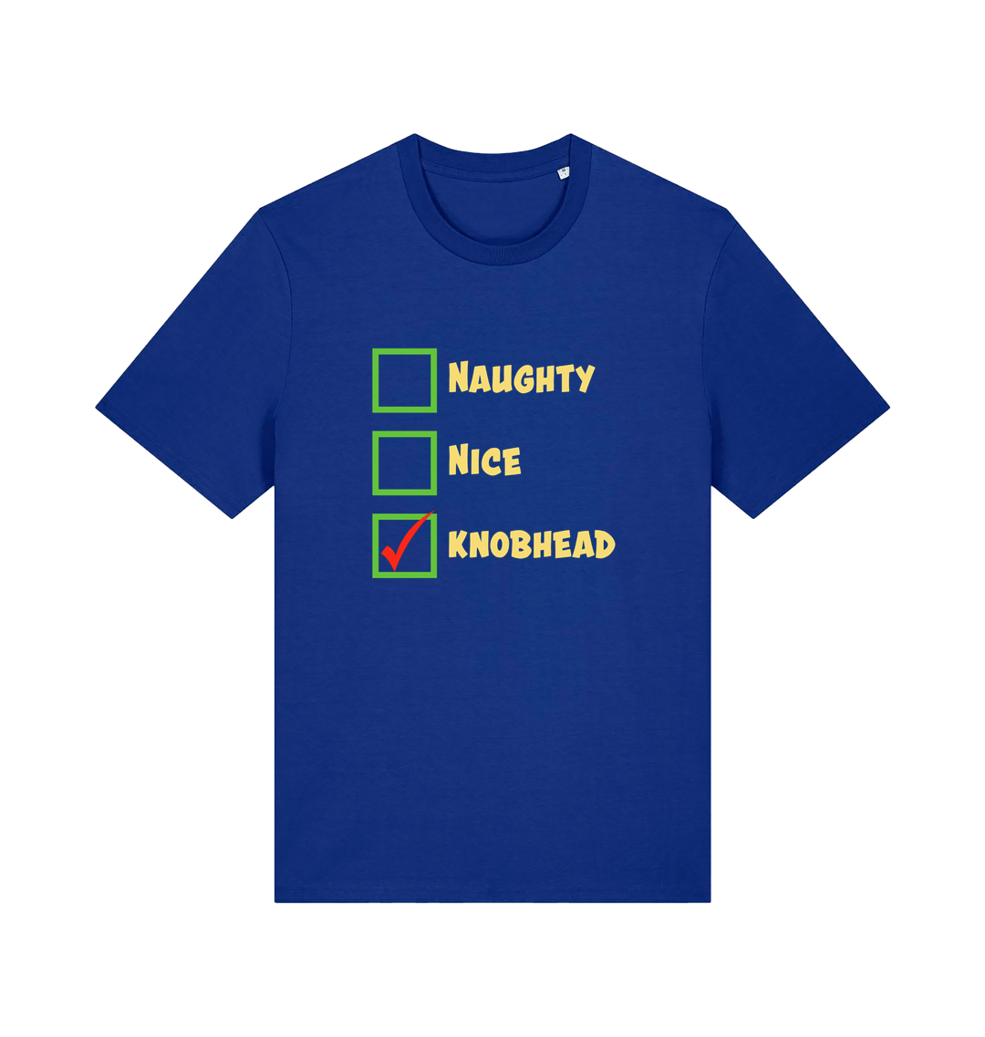 blue christmas t-shirt with the slogan 'naughty nice knobhead'