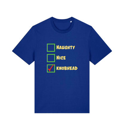 blue christmas t-shirt with the slogan 'naughty nice knobhead'
