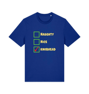 blue christmas t-shirt with the slogan 'naughty nice knobhead'