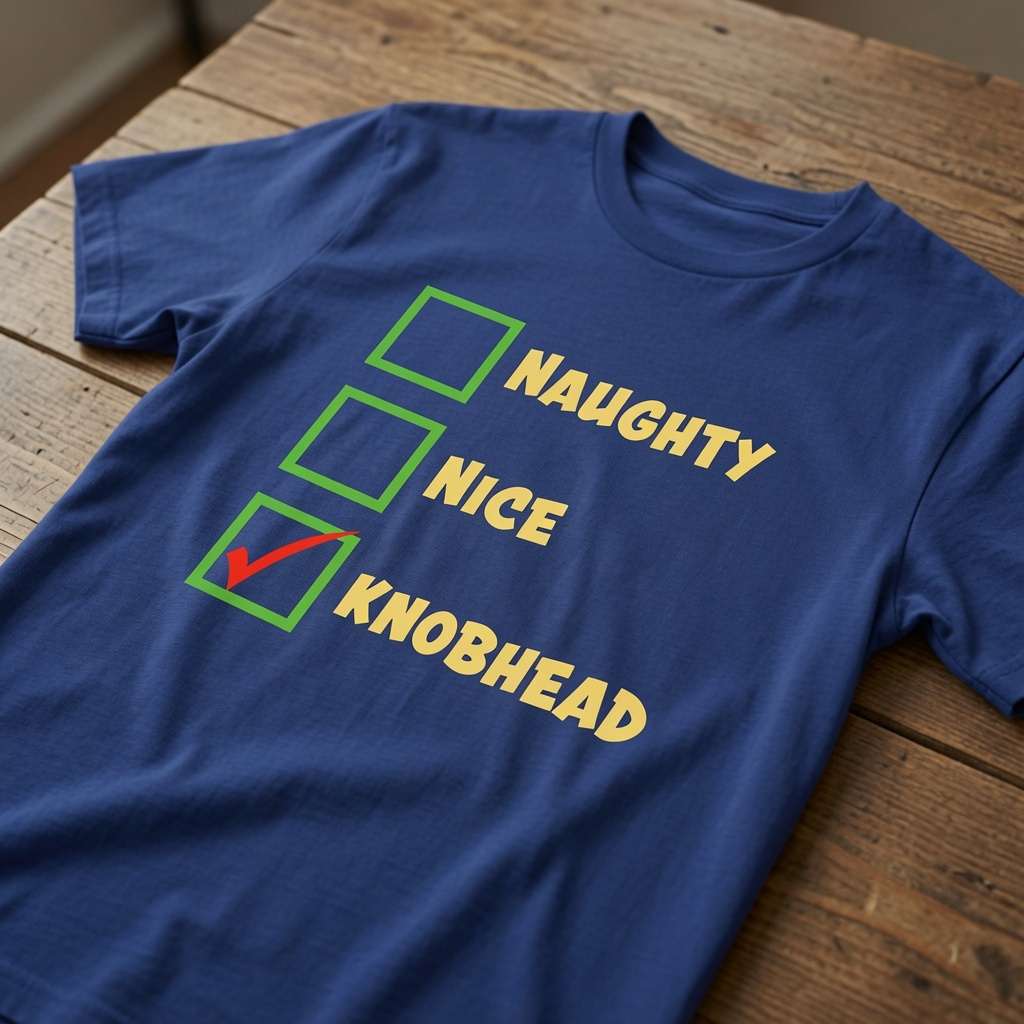 Blue Naughty Nice Knobhead t-shirt on wood with checklist design, funny mens witty xmas banter