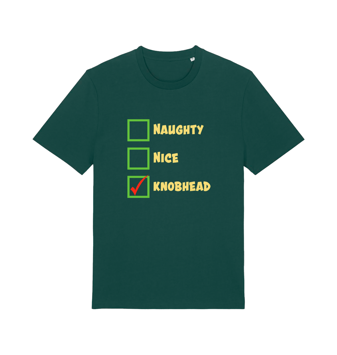green christmas t-shirt with the slogan 'naughty nice knobhead'
