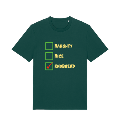 green christmas t-shirt with the slogan 'naughty nice knobhead'