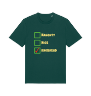 green christmas t-shirt with the slogan 'naughty nice knobhead'