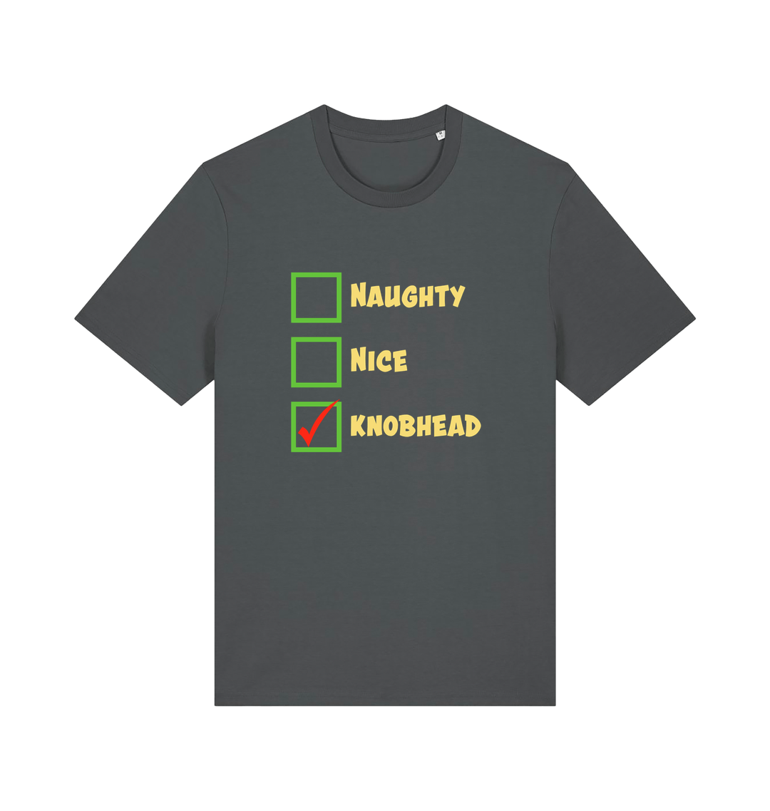 grey christmas t-shirt with the slogan 'naughty nice knobhead'