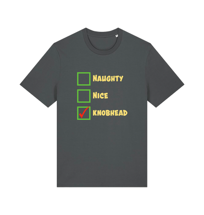 grey christmas t-shirt with the slogan 'naughty nice knobhead'