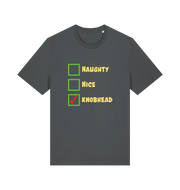 grey christmas t-shirt with the slogan 'naughty nice knobhead'