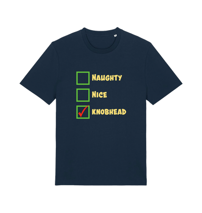 navy christmas t-shirt with the slogan 'naughty nice knobhead'