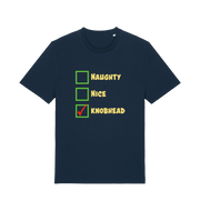 navy christmas t-shirt with the slogan 'naughty nice knobhead'