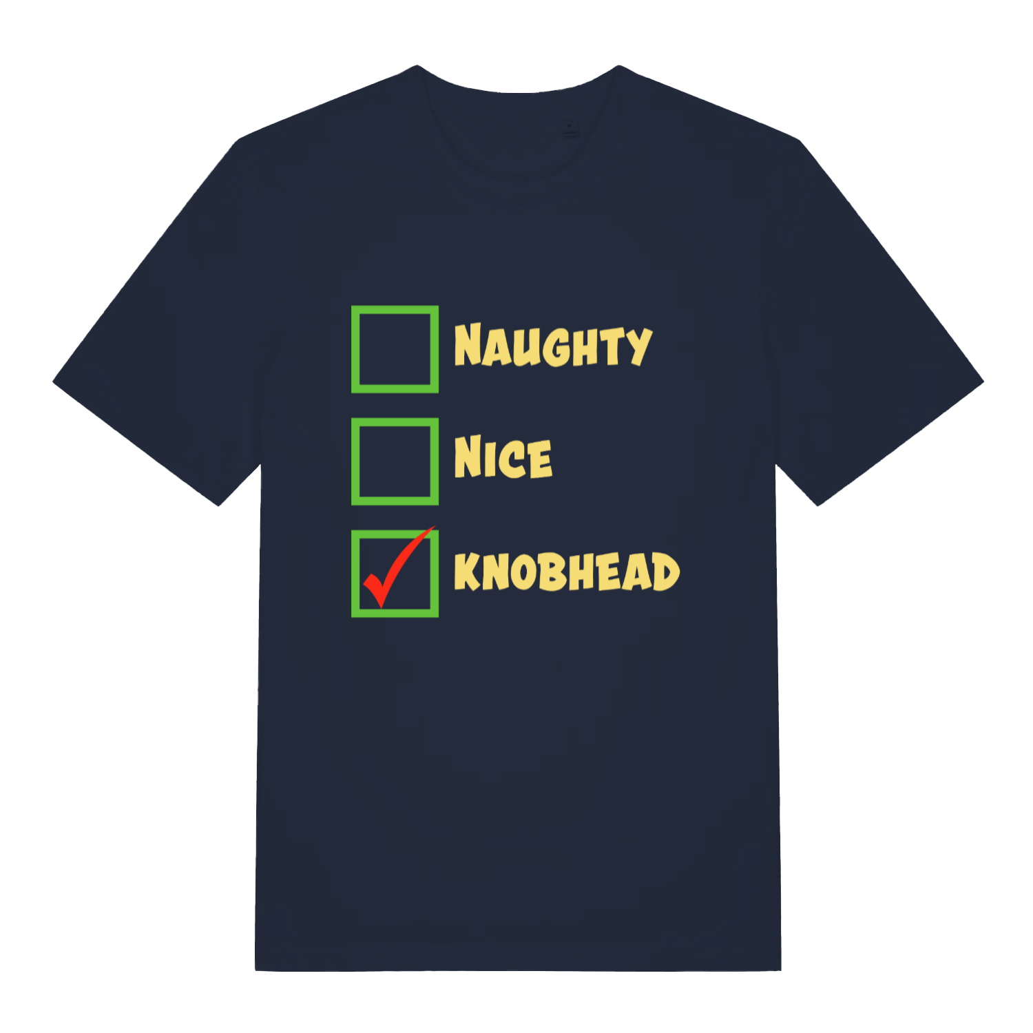 Navy Naughty Nice Knobhead funny slogan t-shirt showing festive checklist design  
