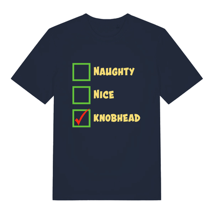 Navy Naughty Nice Knobhead funny slogan t-shirt showing festive checklist design  