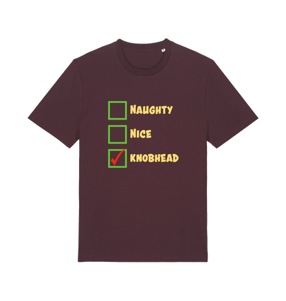 red brown christmas t-shirt with the slogan 'naughty nice knobhead'
