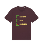red brown christmas t-shirt with the slogan 'naughty nice knobhead'