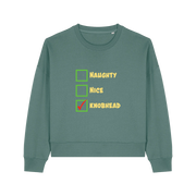 green christmas sweater with the slogan 'naughty nice knobhead'