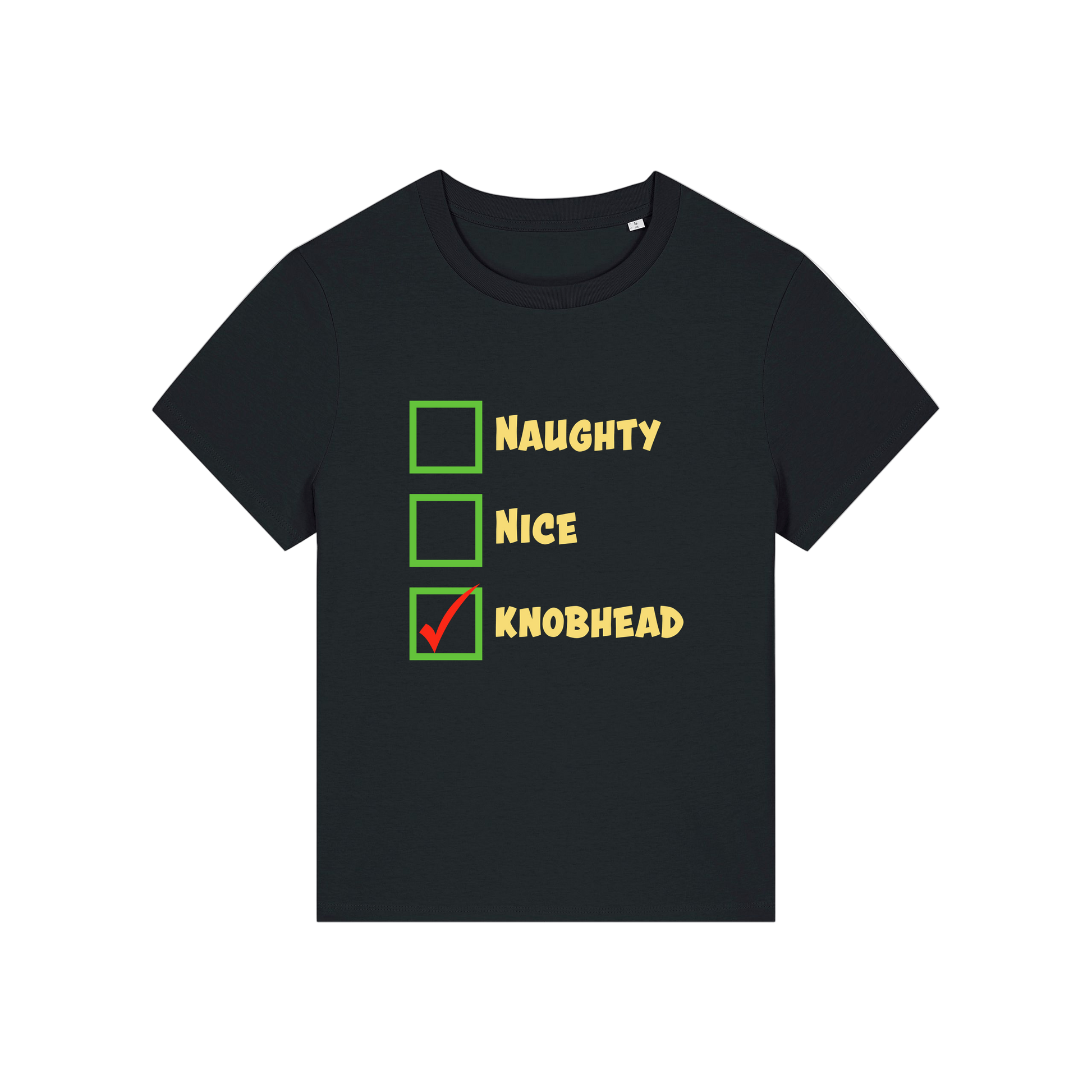 Black christmas slogan t-shirt with humorous text and checkboxes design 