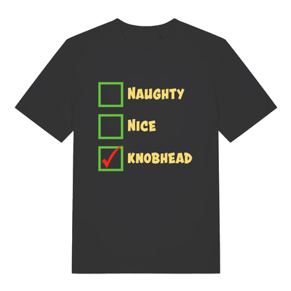 Black Naughty Nice Knobhead funny slogan t-shirt with checklist and red tick  